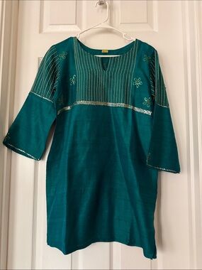 Teal Silk Embroidered Tunic Top with thread embroidery & sequined flower Accents